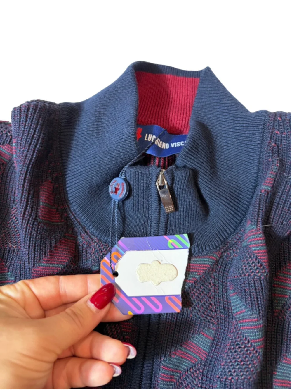 NWT Luchiano Visconti Mens XXL Abstract Jacquard Quarter Zip Sweater Navy